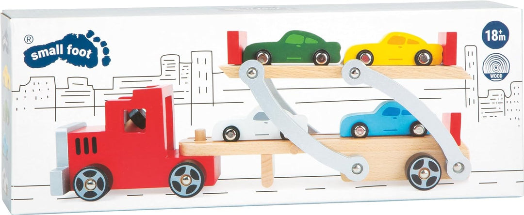 small foot Autotransporter aus Holz, mit abnehmbarem Anhänger und 4 bunten Autos, für Kinder ab 3 Ja