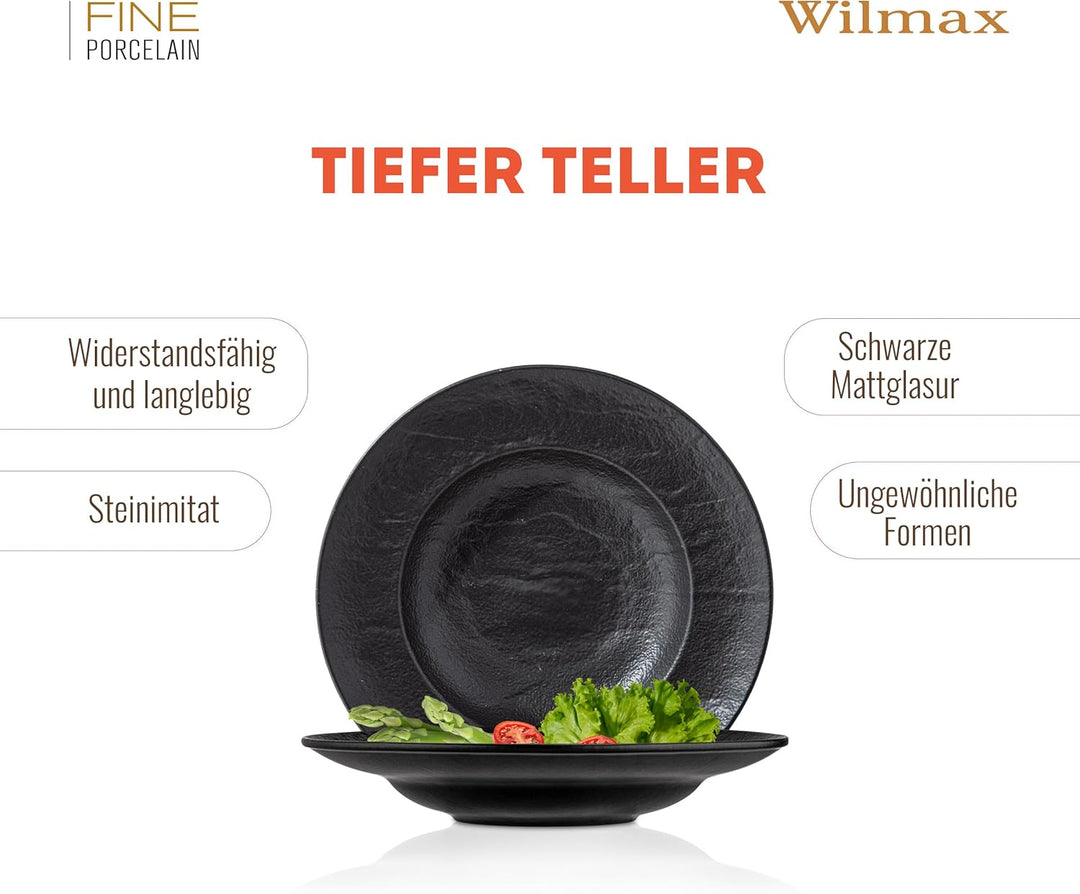 Wilmax | Tiefe Schalen - 2 Stück 25,5 cm / 350 ml | Schwarze Pastateller | Natursteintextur | Für Pa