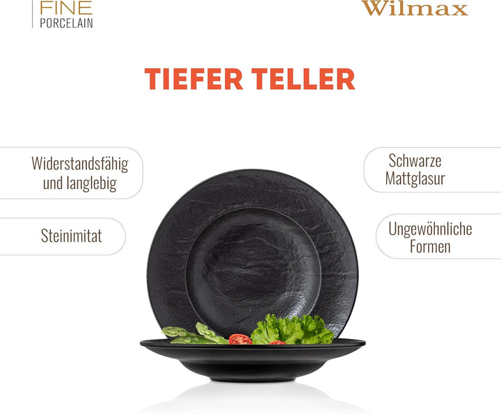 Wilmax | Tiefe Schalen - 2 Stück 25,5 cm / 350 ml | Schwarze Pastateller | Natursteintextur | Für Pa