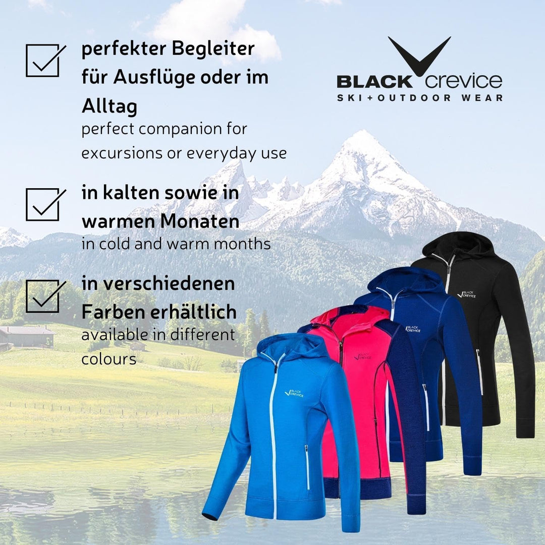 Black Crevice Damen Merino Kapuzenjacke I Hochwertige Merino-Jacke I Jacke für Damen aus 70% Merinow