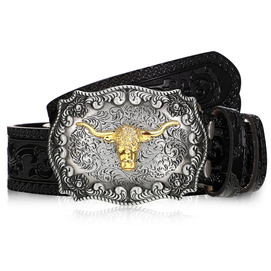 Jadive Herren Gürtel Western Cowboy Bull Leder Schnallen Gürtel Longhorn Schnalle mit Blumen Gravur
