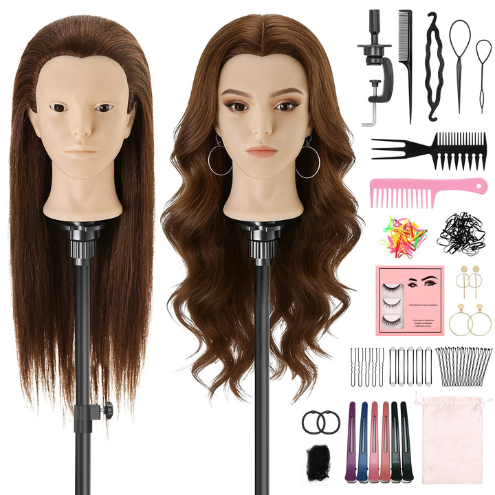 Frisierkopf Echthaar,23inch 80% Mannequin Kopf,Schminkkopf für Übungskopf Friseur,Puppenkopf zum Fri