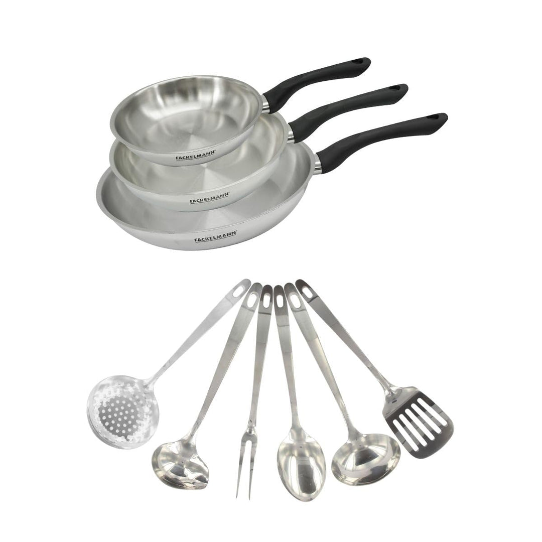 Fackelmann 9445250 Pfannen-Set, 3-teilig, 20, 24 und 28 cm, aus Edelstahl 18/8, 6 Küchenutensilien,