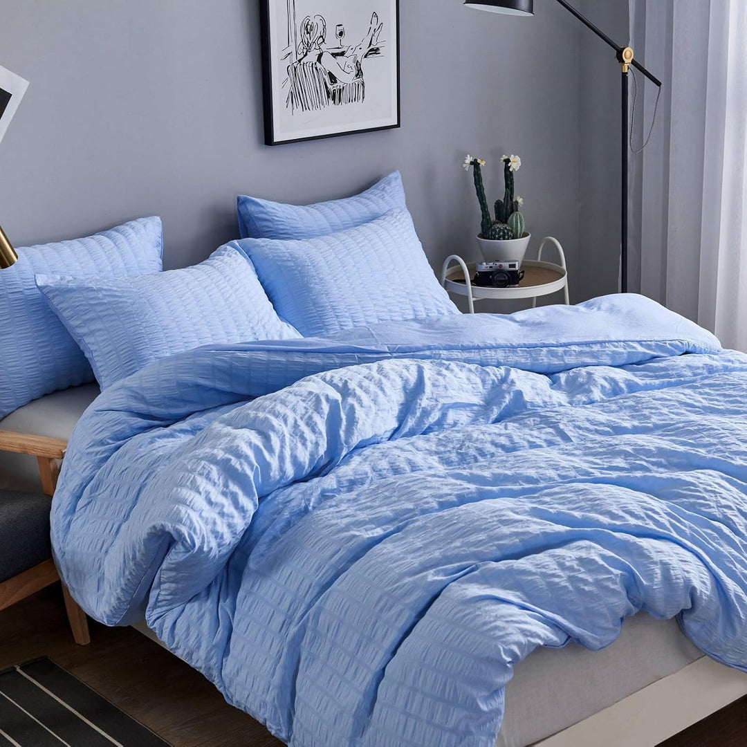 Seersucker Bettwäsche 155x220cm 2teilig Blau Geprägt Streifen Strukturiert Bettwaren-Sets Uni Gebürs