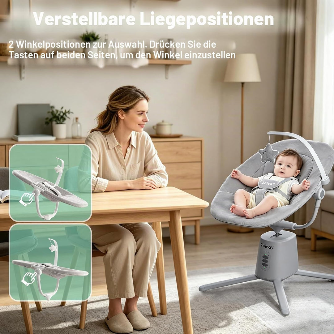 Babywippe Elektrisch mit 3 Modus 5 Tempo für Neugeborenes 0-9 Monate (Grau) | Babywippe 5-Punkt-Gurt