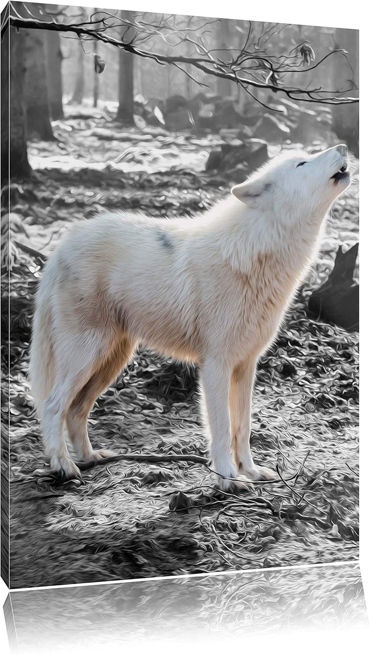 weisser jaulender Wolf im Wald schwarz/weiss Format: 100x70 auf Leinwand, XXL riesige Bilder fertig