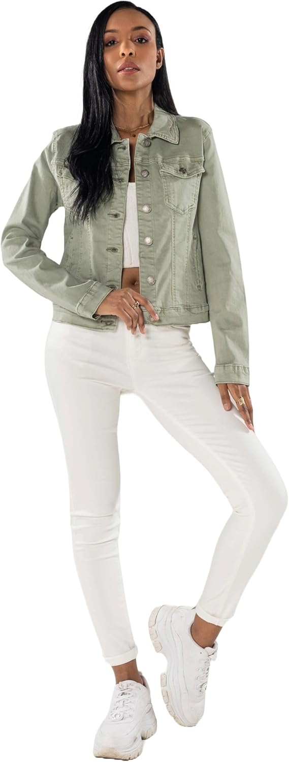 Nina Carter J212 Damen Slim-Fit Jeansjacke – Farbige Übergangsjacke mit Kent-Kragen und Taschen – Fr