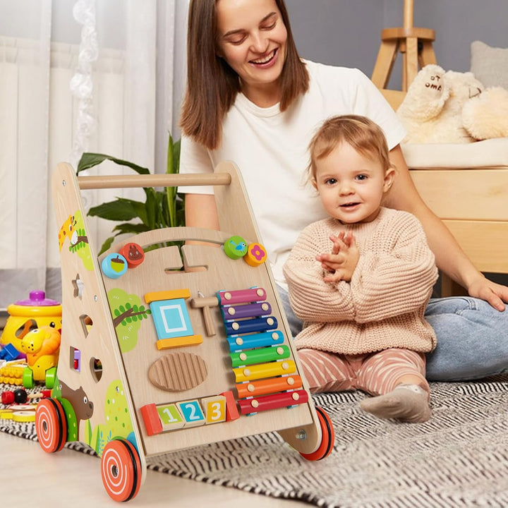 COSTWAY Lauflernhilfe Holz, Baby Lauflernwagen mit Griff, Stauraum und Rädern zum Schieben und Ziehe