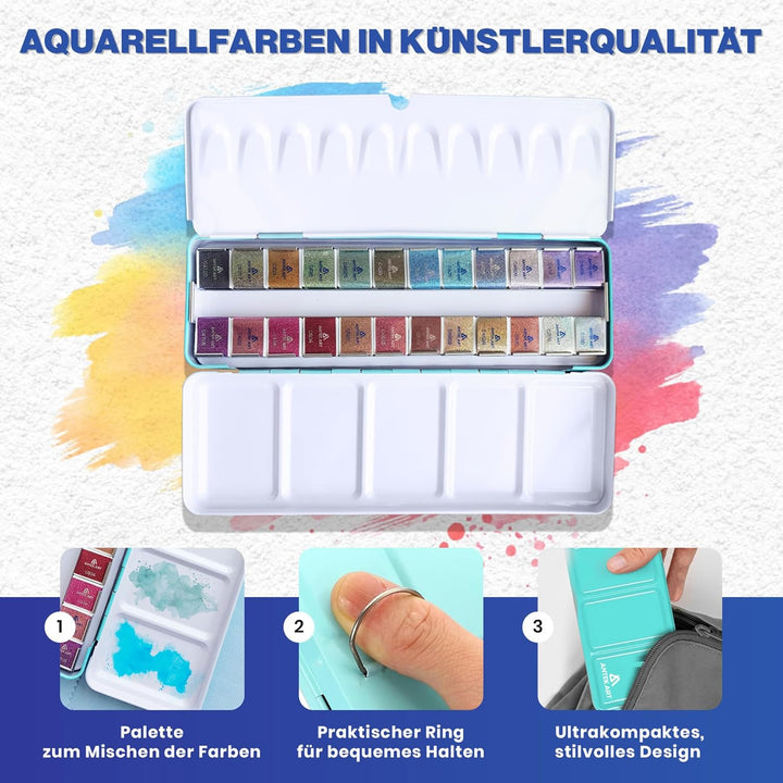 Aquarellfarben Set [24x Metallic Glitzerfarben] – Aquarell Set unterwegs im Metallkoffer inkl. Misch