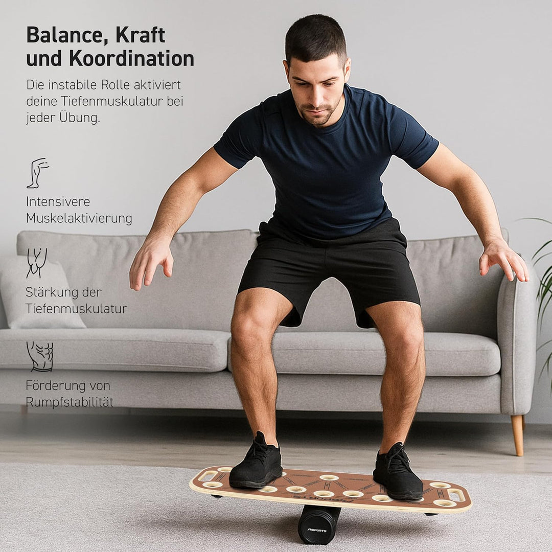 MSPORTS Push-Up Board Holz Premium mit Rolle – Multifunktionales Liegestützbrett für Core, Balance &