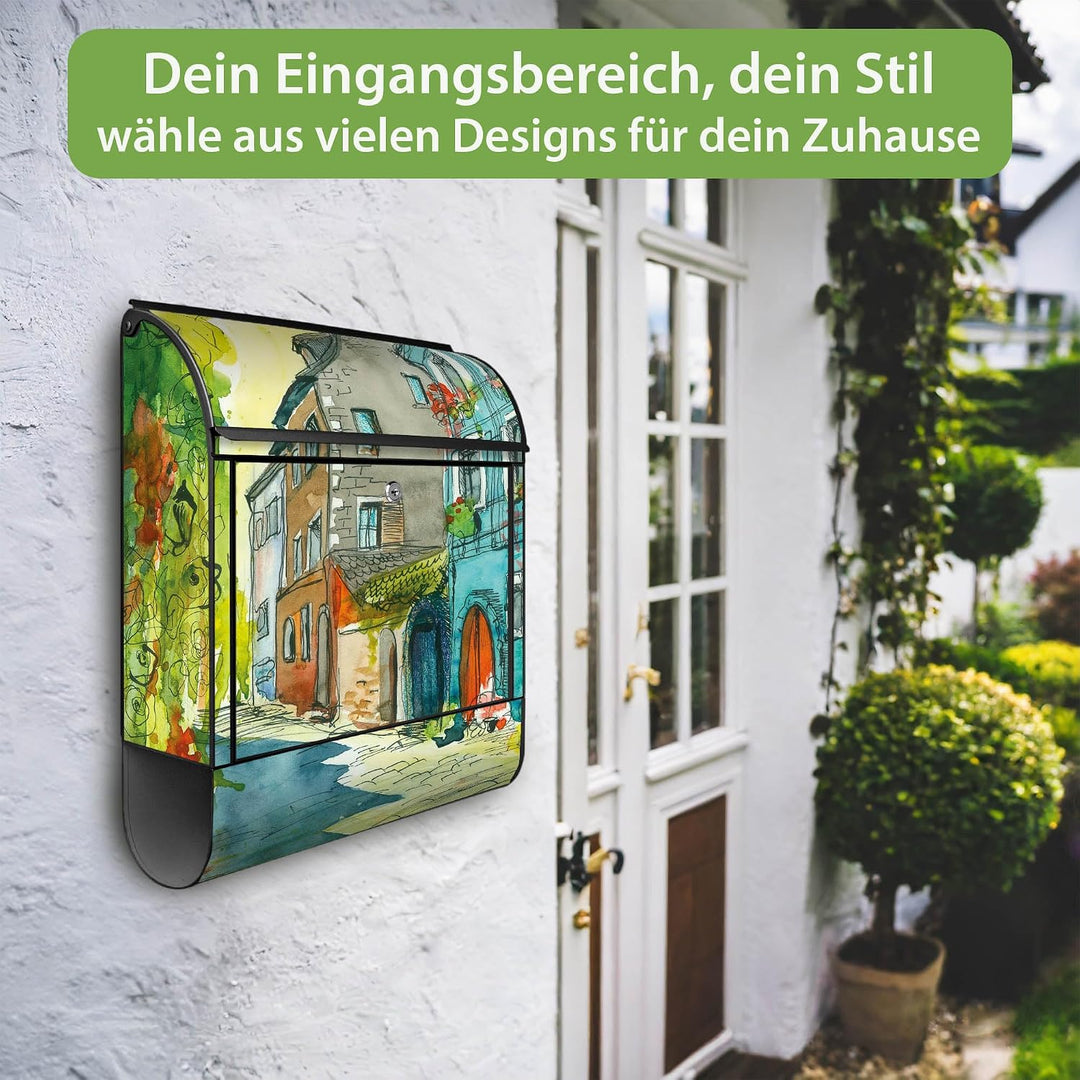 banjado® Design Briefkasten mit Motiv Historischer Stadtkern 39x47x14cm &amp; 2 Schlüssel - Briefkasten