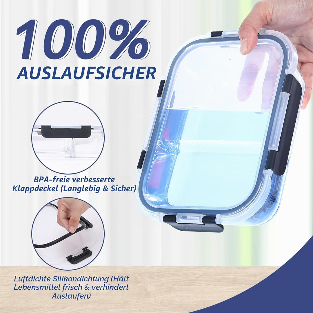 Glasbehälter mit Deckel Meal Prep Boxen Glas 2 Fächer (5Stück, 1040ml) Meal Prep Boxen Glas mit Tren