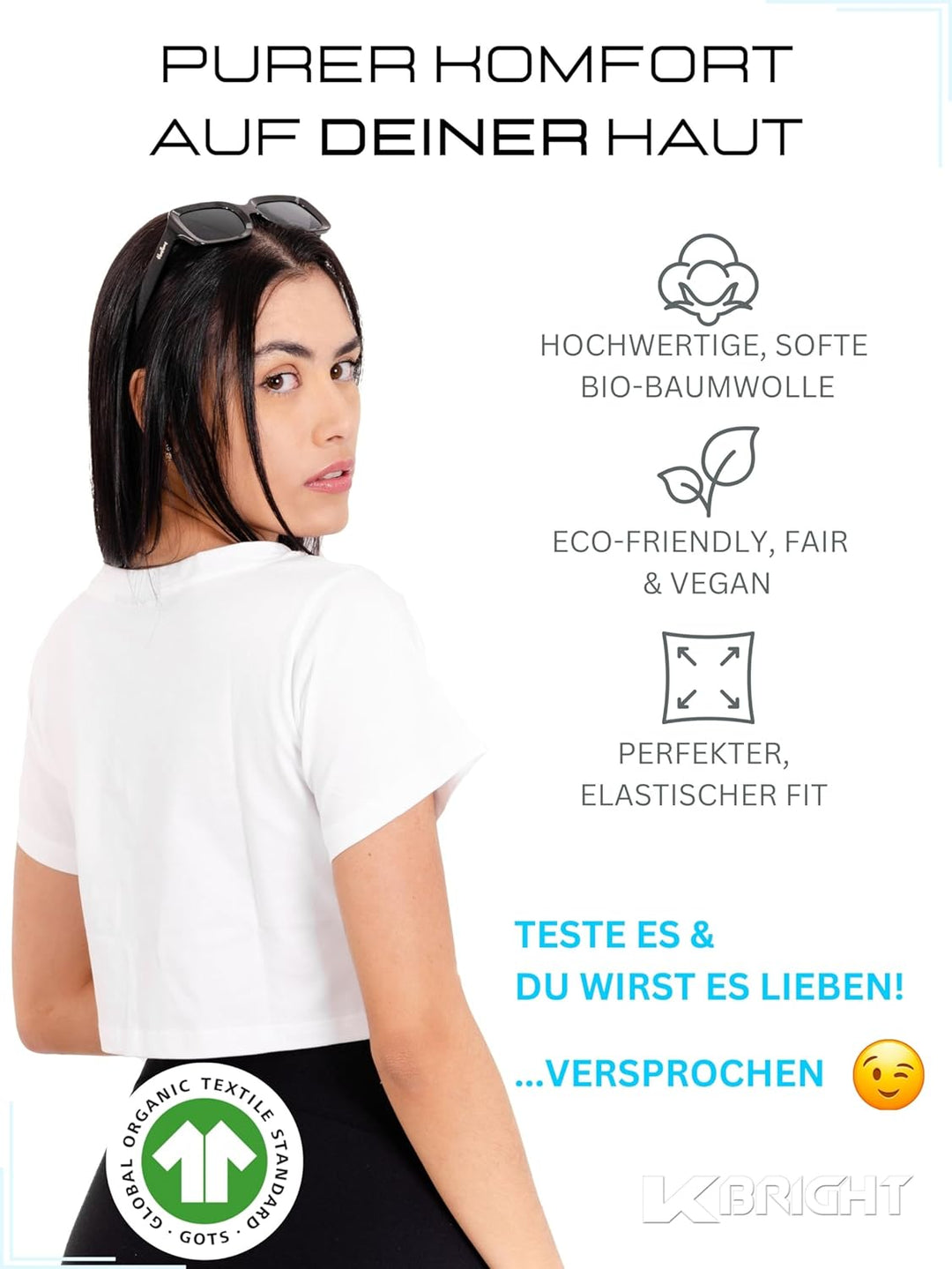 K-BRIGHT Damen Crop Top Kurzarm Basic Nachhaltig Bio Baumwolle Freizeit Sportoberteil Essential Shir