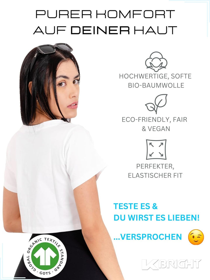 K-BRIGHT Damen Crop Top Kurzarm Basic Nachhaltig Bio Baumwolle Freizeit Sportoberteil Essential Shir