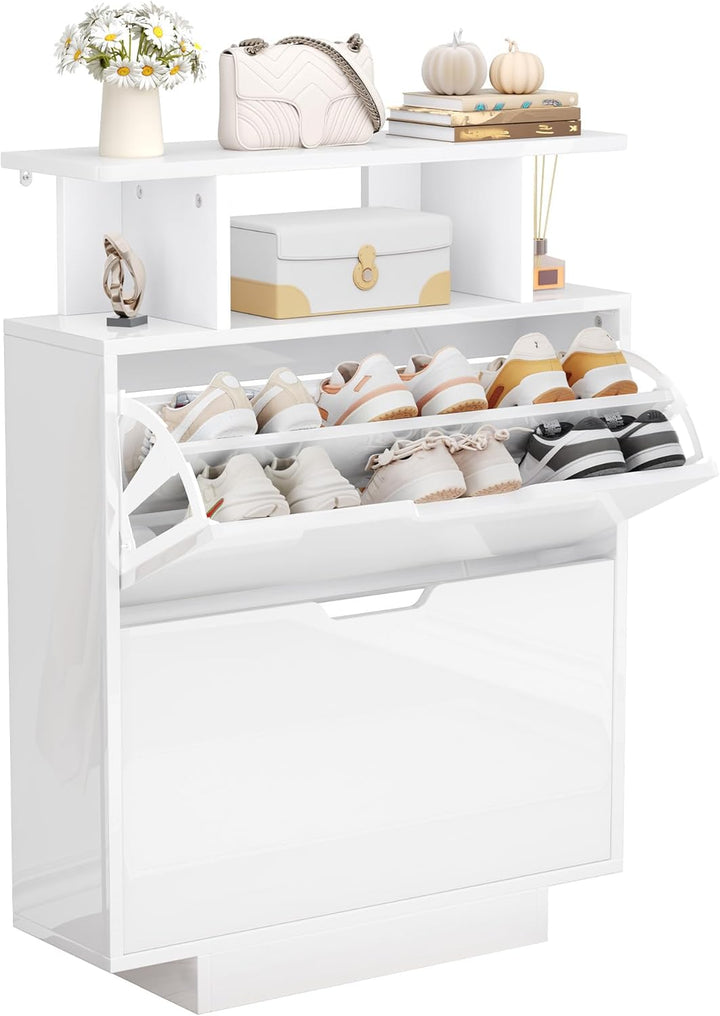 YITAHOME Schuhschrank Schmal Hochglanz, Schuhkipper mit 2 Klappen,80 x 24 x 106 cm Schuhregal schmal