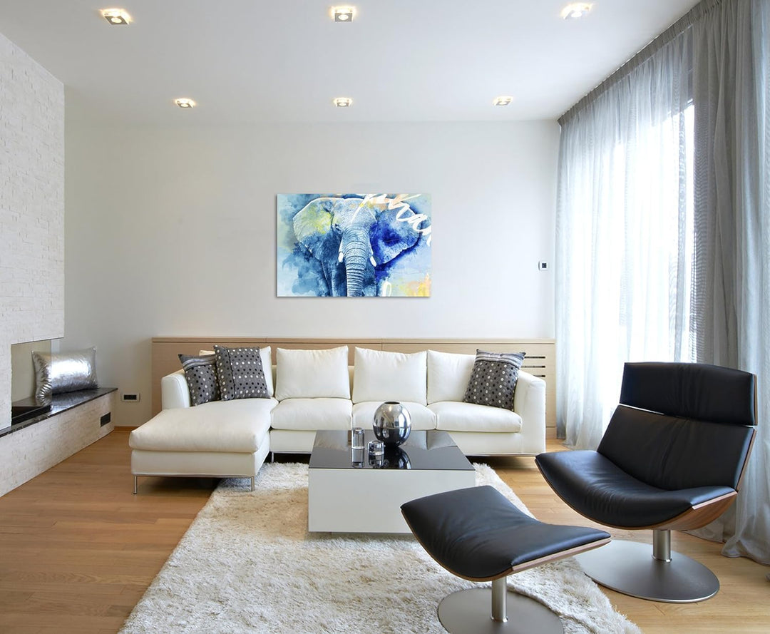 Paul Sinus Art Bild Leinwand 120x80cm Mächtiger Elefant in Blautönen mit Kalligraphie, 120x80cm