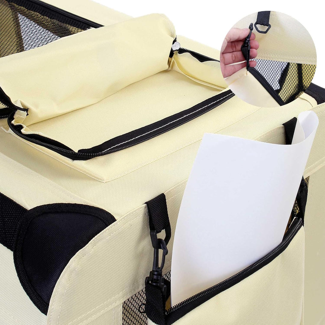 Fudajo Faltbare Transportbox in Beige für Haustiere, Grösse XXL (90x63x63cm), Tragegriff, Liegedecke