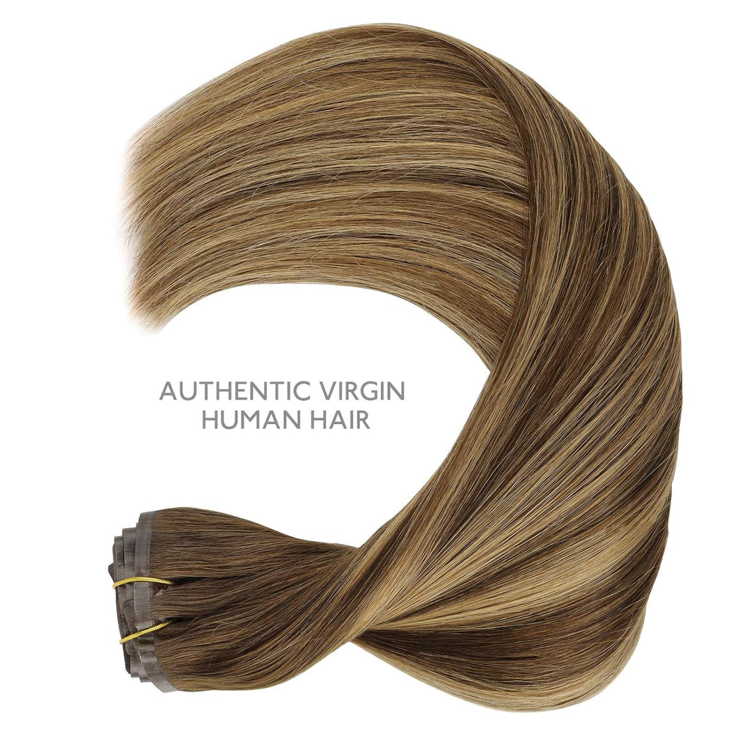 WENNALIFE Nahtlose Clip In Extensions Echthaar, 50cm 7pcs 150g Balayage Schokoladenbraun bis Karamel