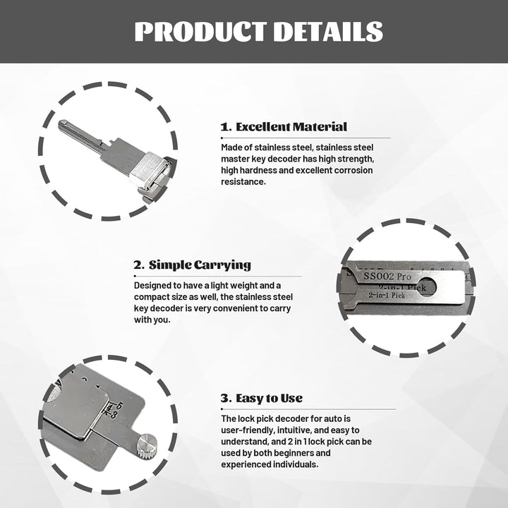 2 in 1 Stainless Steel Master Key Decoder, SS002 Pro Lock Picking Tool, Master K ey Decoder Lo-ck Pi