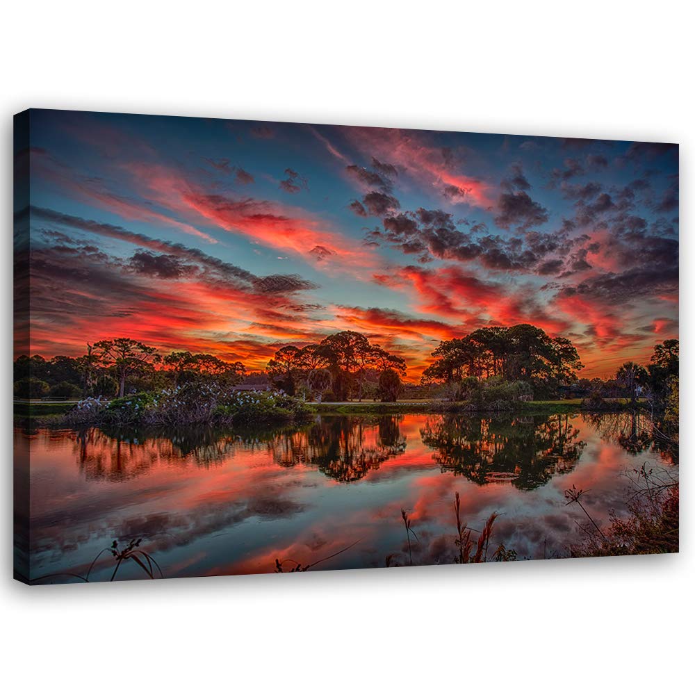 Feeby Wanddeko Natur Leinwandbild Kunstdruck Sonnenuntergang Orange 90x60 cm