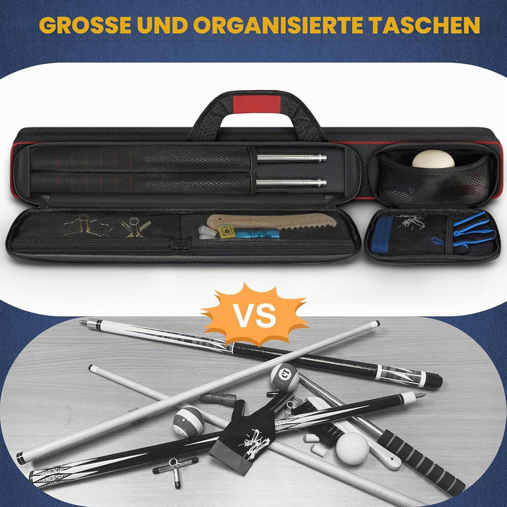 Tasche für Billardqueue 2 x 2 für 2 Queues mit 2 Reissverschlusstaschen für Zubehör, robust, Polyest