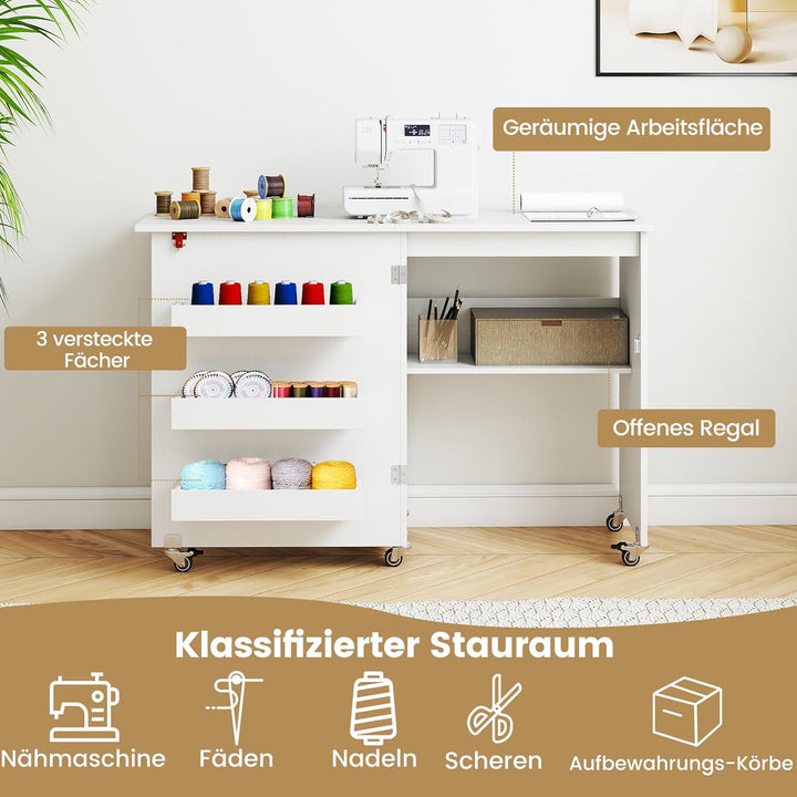 COSTWAY 2 in 1 Nähtisch klappbar, Nähmaschinenschrank aus Holz mit Regalen & Ablagefach, Nähschrank