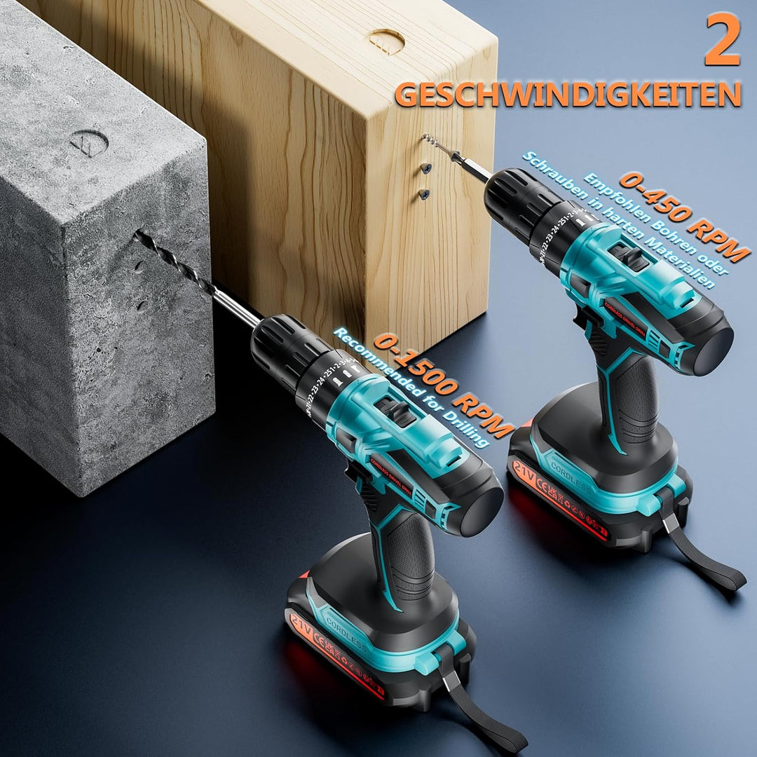 Akkuschrauber, 21V Akku Bohrschrauber Set mit Akku 2000mAh 45Nm Drehmoment Max 25+3 Drehmomentstufen