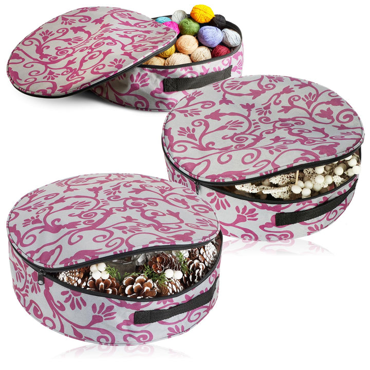 com-four® 3x Aufbewahrungstasche für Kränze, Girlanden, Näh- und Spielzeug - grosse runde Stoff-Box