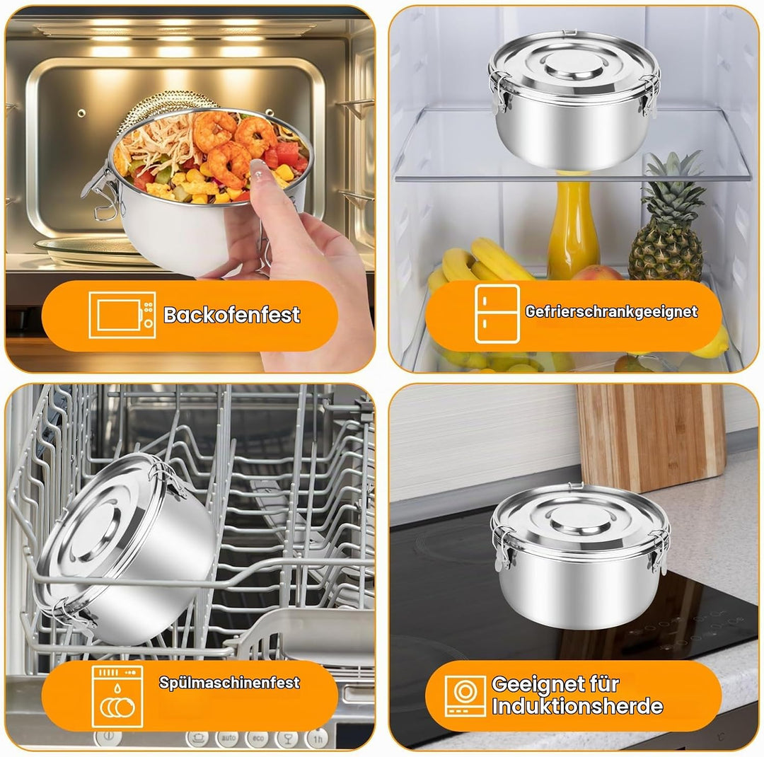 Edelstahl Behälter 3 Pack, 304 Edelstahl Brotdose (660ml/1040ml/1590ml) Erwachsenen Lebensmittelbehä