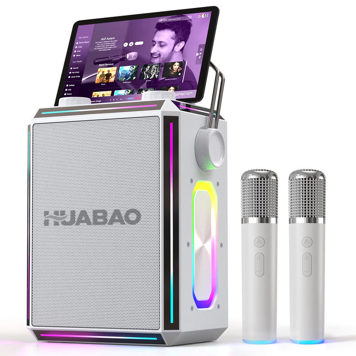 Tragbarer Bluetooth-Karaoke-Lautsprecher mit 2 kabellosen Mikrofonen, RGB-Beleuchtung, Höhen- und Ba