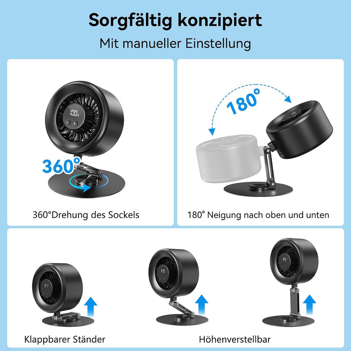 LivElect USB Ventilator, Akku Leiser Tischventilator, LED-Display, 5-Stufen | Sehr leise Turbo-Venti