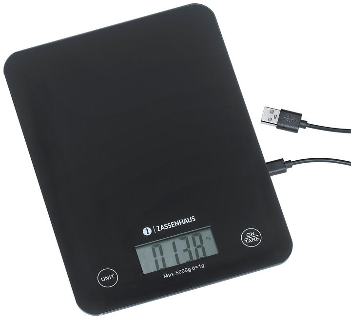 Zassenhaus Küchenwaage Digital BALANCE, USB Aufladefunktion, 5kg/1g, Zuwiegefunktion, besonders flac