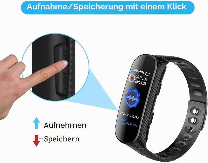 Sprachrecorder Armband 16 GB Professioneller Sprachrecorder mit Sprachaktivierung und MP3-Player Uhr