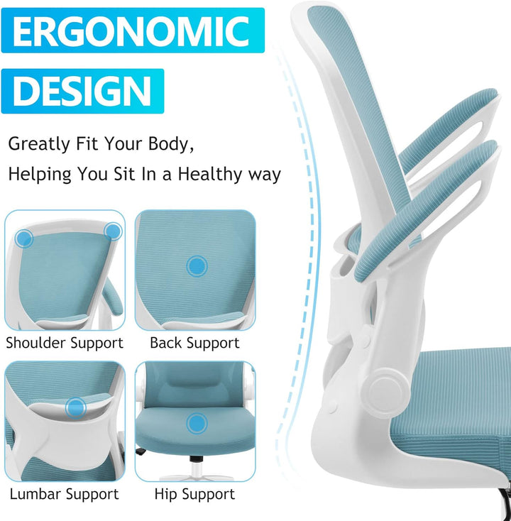 KERDOM Bürostuhl, Ergonomischer Schreibtischstuhl mit Klappbaren Armlehnen, 360° Drehstuhl Mesh Comp