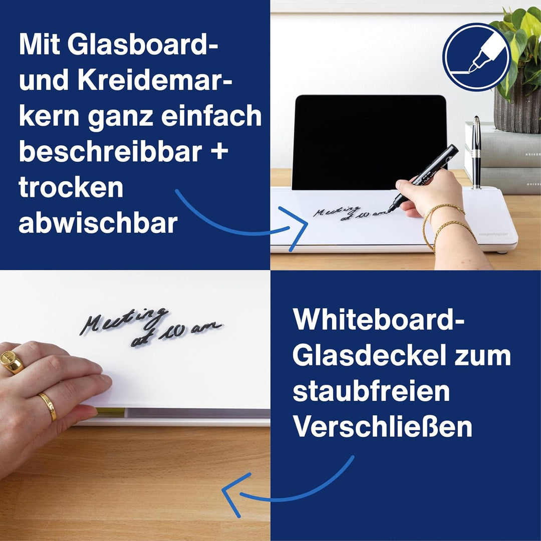 magnetoplan Glasboard Desk Organizer | Schreibtisch Organizer Whiteboard für kurze Notizen | Aus wei