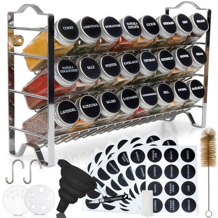Deco haus Gewürzregal mit Gewürzgläser - 3 stufiges Metall Regal - Küchen Organizer Set, Gewürzregal
