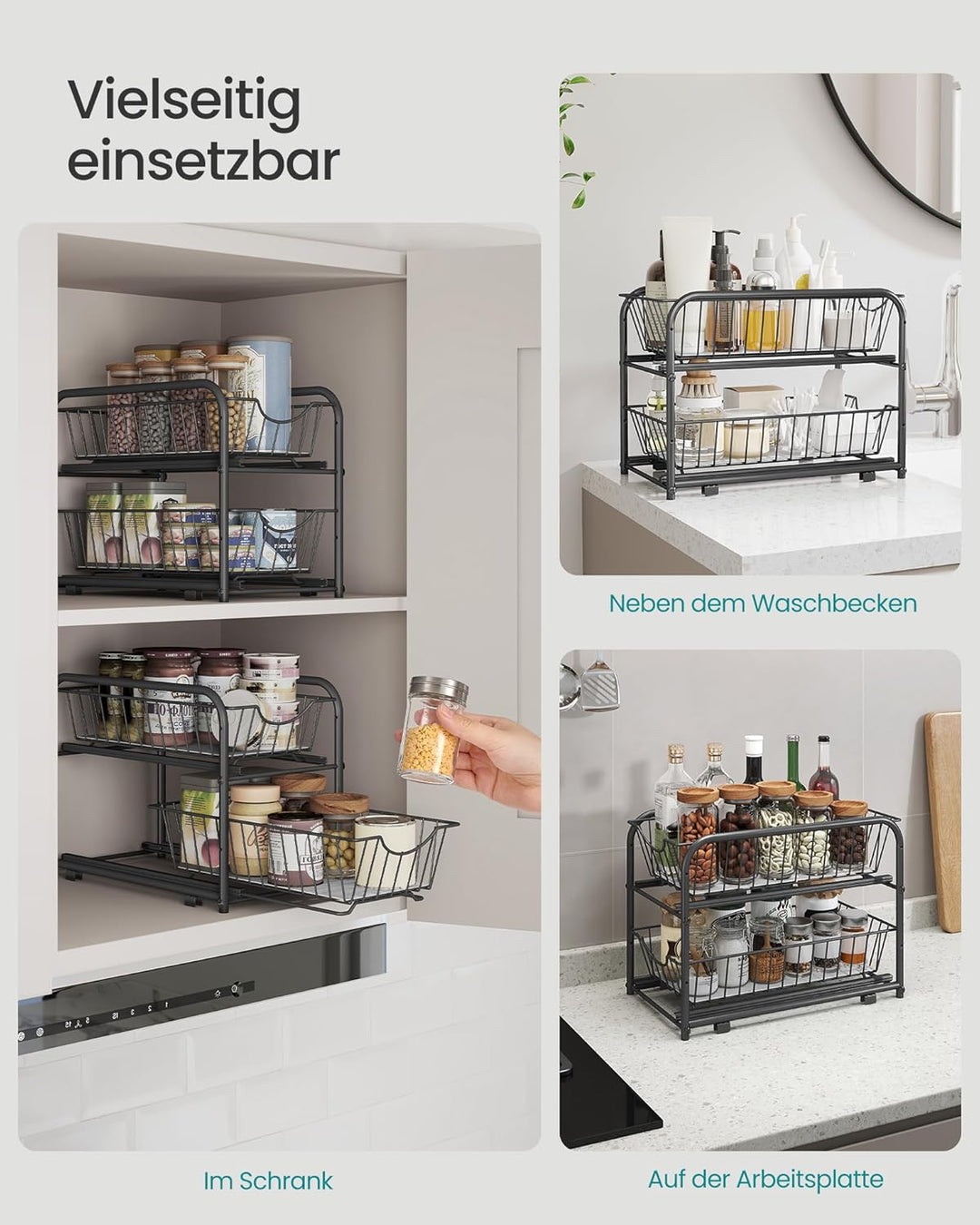 SONGMICS Küchenschrank Organizer, Küchenregal, Ordnungssystem, 2 Ebenen, stapelbar, erweiterbar, mit