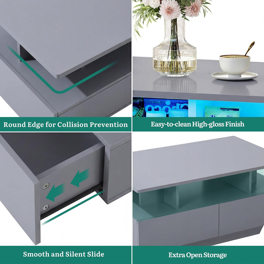YITAHOME Couchtisch Grau, Wohnzimmertisch Hochglanz mit 16-Farbiger LED Beleuchtung Modern, Beistell
