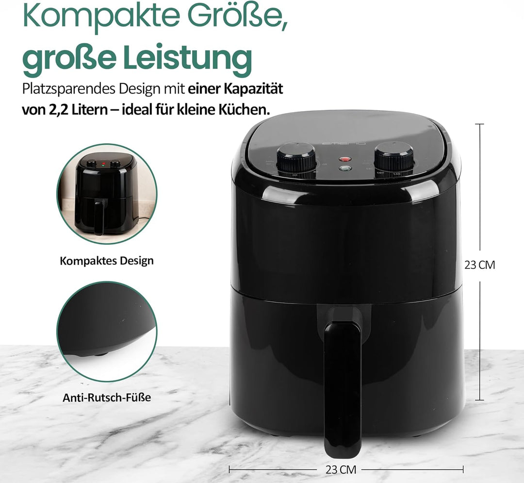 Emerio Heissluftfritteuse AirFryer | 2.2L Volumen für 1 Person oder als Zweitgerät | Frittieren mit
