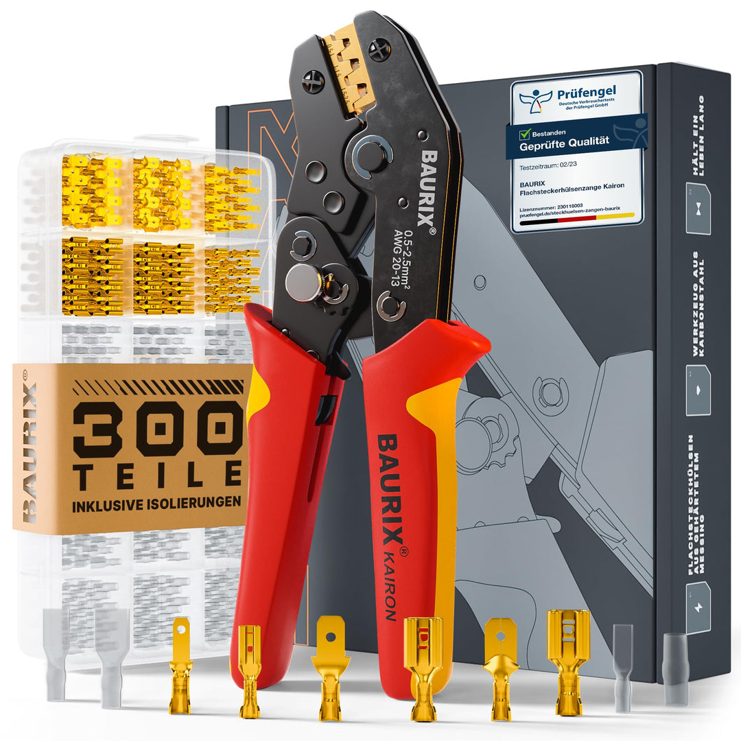 BAURIX® Crimpzange inkl. 300 Stück Flachsteckhülsen Set I Krimpzange für 0,50-2,50 mm² Steckverbinde