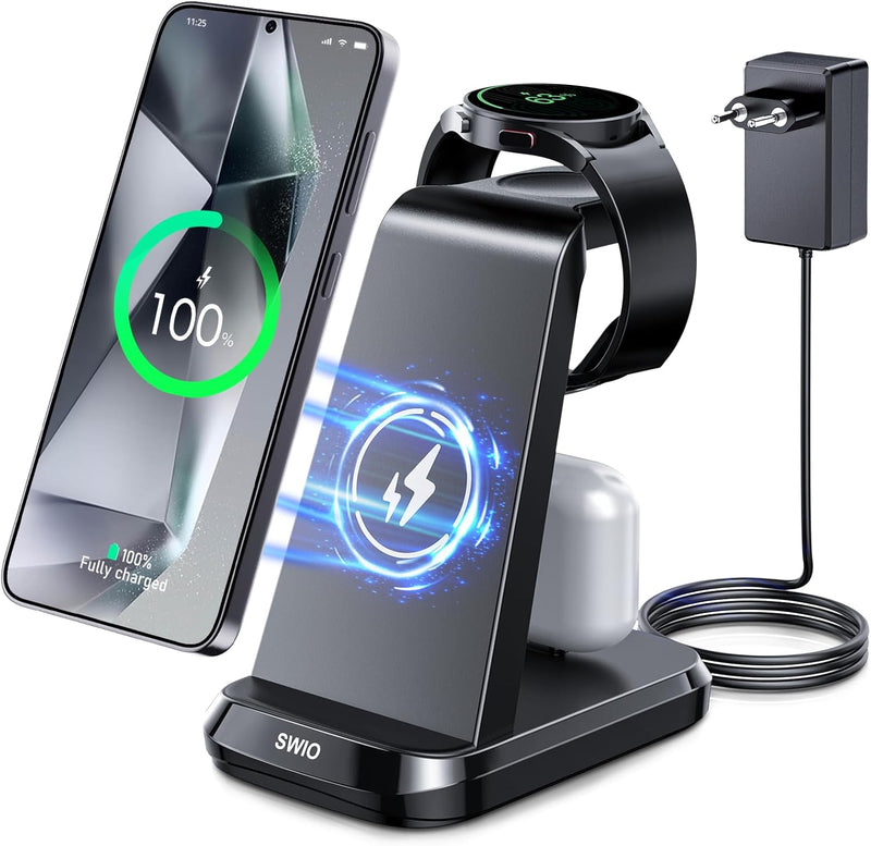 SWIO 3 in 1 Induktive Ladestation kompatibel mit Samsung Watch und Handy,Wireless Charger für Galaxy