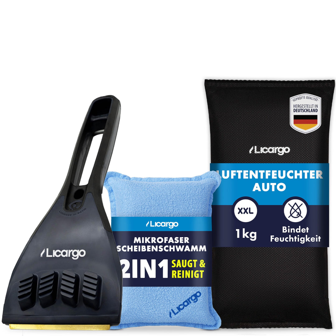 LICARGO Winter Komplett Set - Auto Luftentfeuchter (1kg) - 1x recycelter Eiskratzer - 1x Mikrofaser