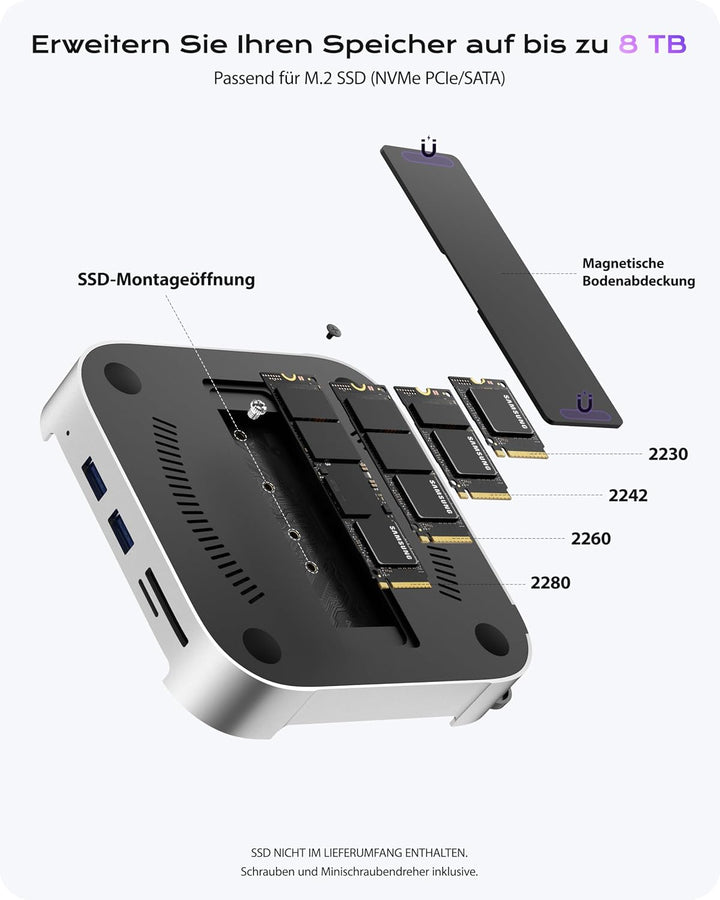 Stouchi Mac mini M4 Dock mit 8TB NVMe/SATA SSD-Gehäuse, 2X USB-A 10 Gbit/s, 4K HDMI, SD/TF-Slot, 2X