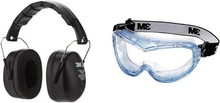 3M Kapselgehörschutz 90563E, Zusammenklappbarer Ohrenschützer, schwarz & Vollsichtschutzbrille Fahre