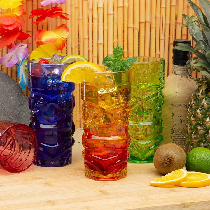CKB LTD 4er-Set TIKI Becher Maori Tiki Glas Farbiges Glas Tiki-Set Cocktailgläser Cocktailbecher Lon
