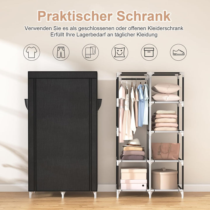Vicye Kleiderschrank, Stoffschrank mit Kleiderstange, 6 Ablagen, 4 Seitentaschen und Überzug, Kleide