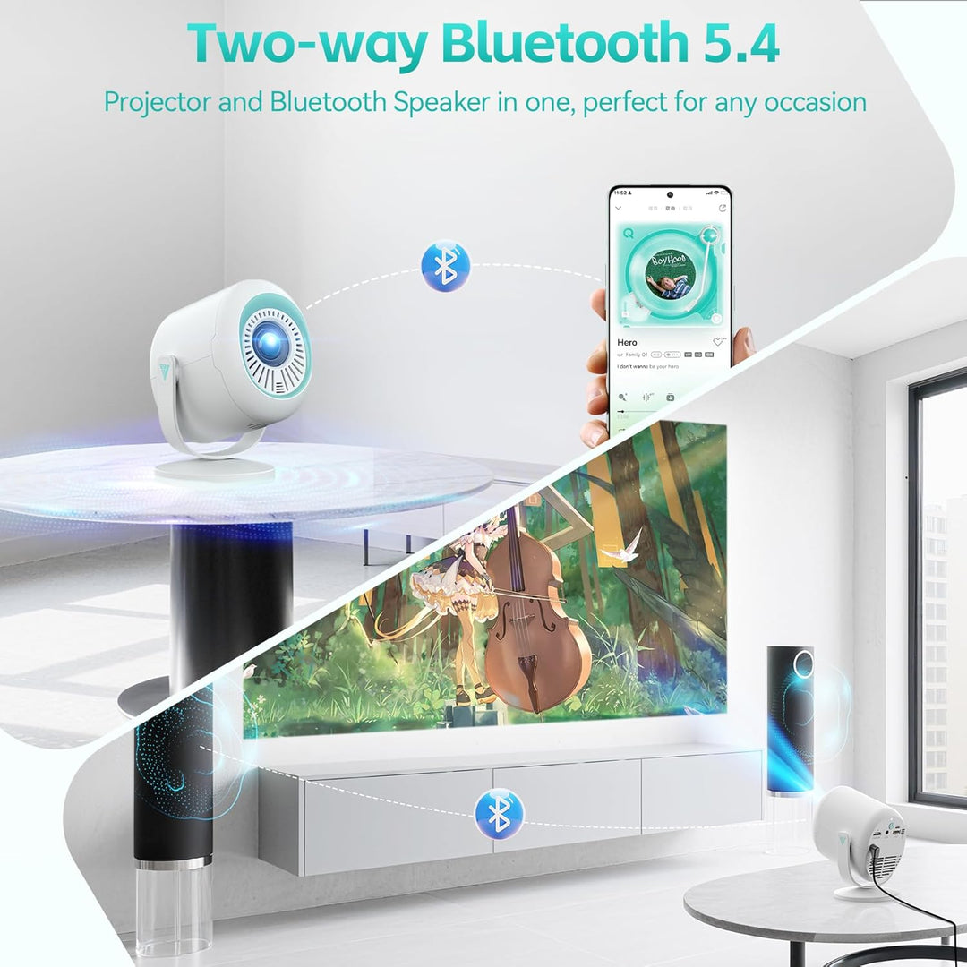 Mini Beamer, 1080P Projektor Tragbarer, 4K Mini Tragbarer Beamer mit WiFi 6 und Bluetooth 5.4, 270°D