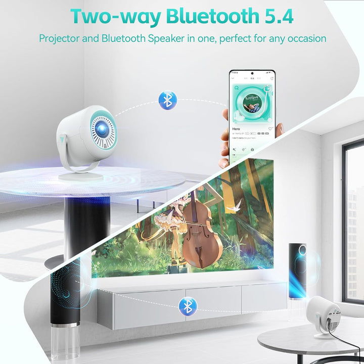 Mini Beamer, 1080P Projektor Tragbarer, 4K Mini Tragbarer Beamer mit WiFi 6 und Bluetooth 5.4, 270°D