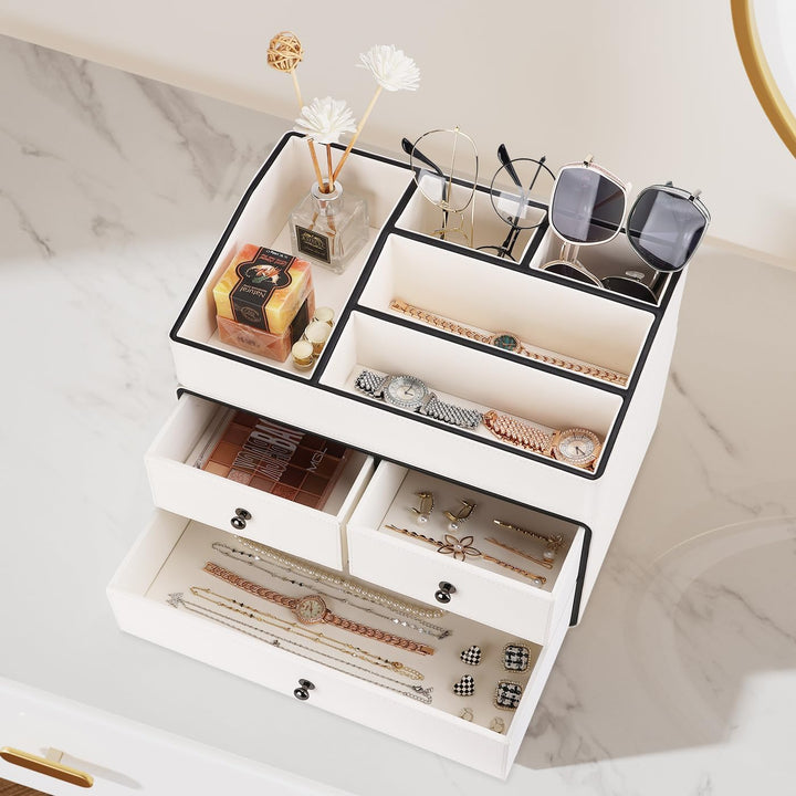 GORESE Make Up Kosmetik Organizer,2-Stöckig 3-Schubladen Leder schminktisch organizer Beauty Aufbewa
