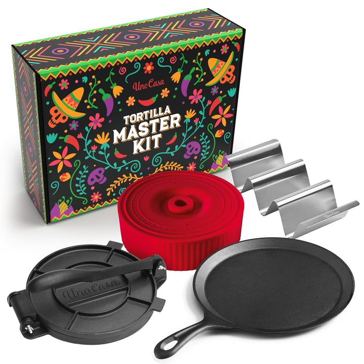 Uno Casa - Master Kit – Tortilla-Presse 20,3 cm mit Comal-Pfanne, 4 Taco-Haltern und Tortilla-Wärmer